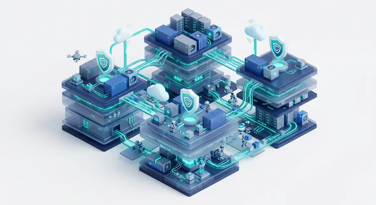 Isometric illustration of ENBUILD Stack software factory components connected by secure pipelines